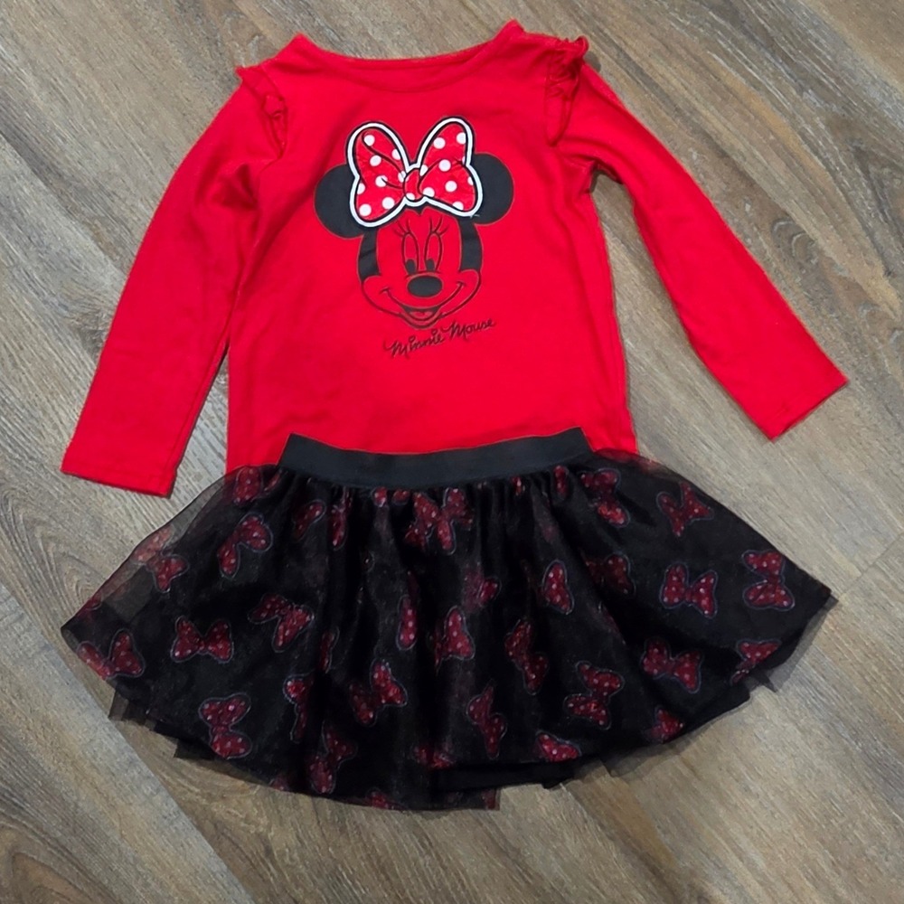 Disney Minnie Mouse Girls Red Long Sleeve Shirt and Black Tutu Skirt Set 3T